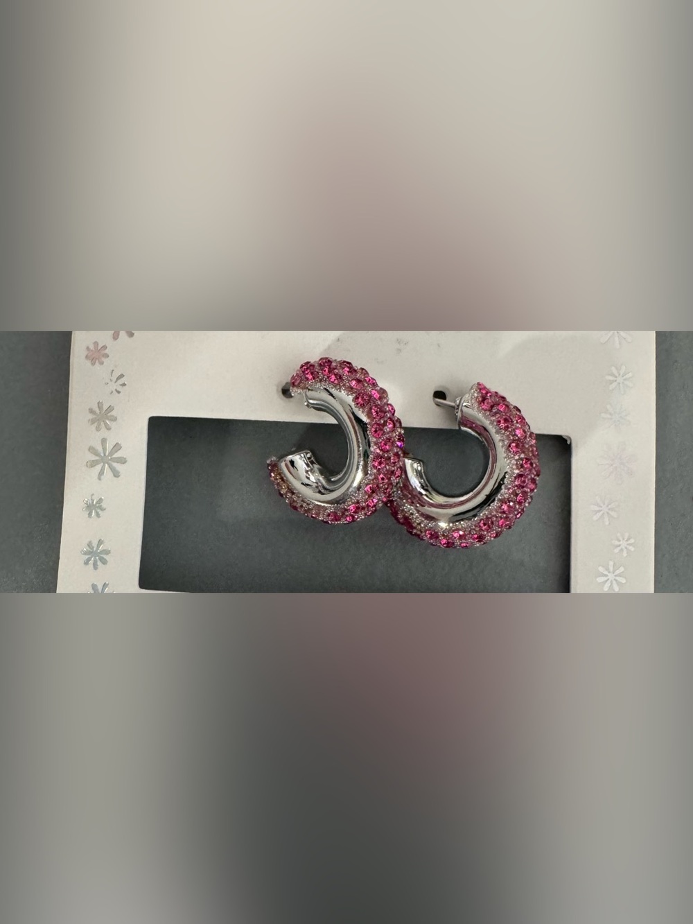 Silver Hoop Earrings with Pink Crystals - Women Jewelry glam